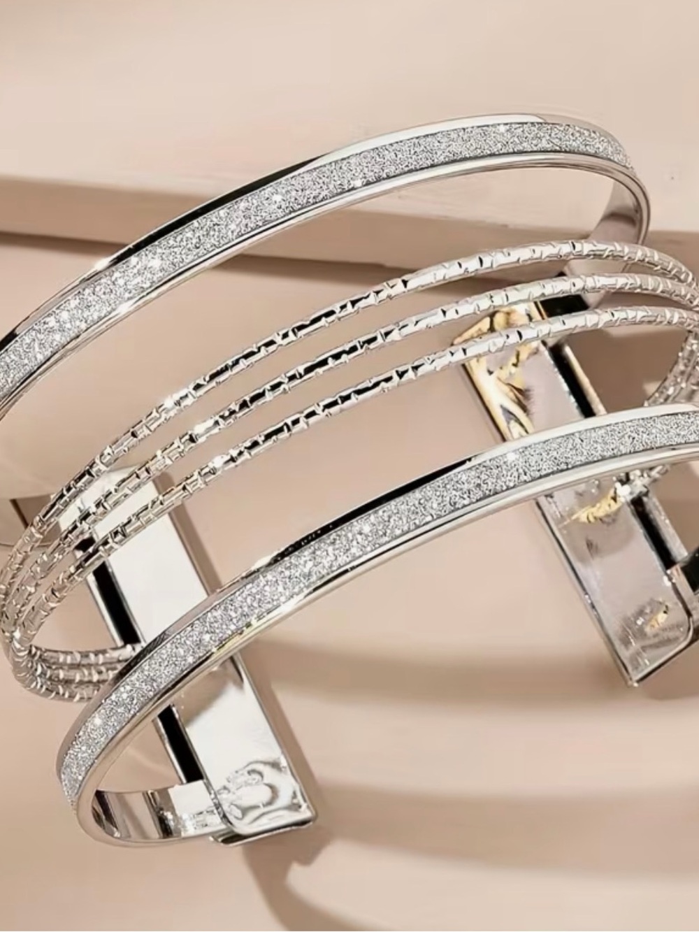 Silver-Tone Multi-Band Crystal Cuff Bracelet